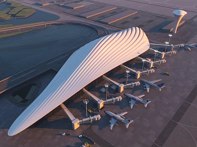 Aerial Planning Of Modern Airport Terminal With Planes On Tarmac And Runway 3d model