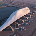 Aerial Planning Of Modern Airport Terminal With Planes On Tarmac And Runway