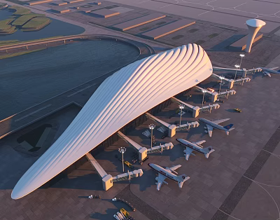 Aerial Planning Of Modern Airport Terminal With Planes On Tarmac And Runway 3d model