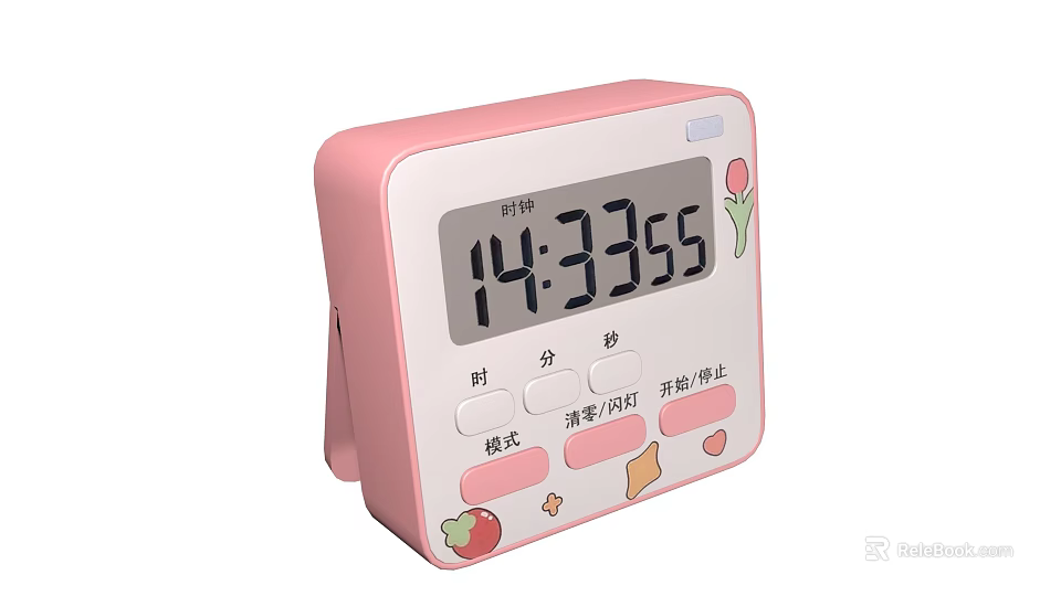 Pink Digital Clock With Hour Minute Second Display Strawberry And Star Patterns 3d model