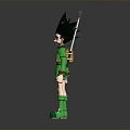 Anime Game Character With Black Spiky Hair Green Outfit Red Accents Green Shorts Green Boots