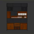 Modern Multi Tier Storage Furniture With Black Mesh Shelves And Wooden Cabinet Displaying White Cups