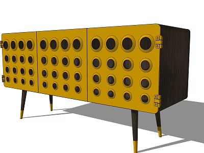 Yellow and Black Console Cabinet Sideboard With Circular Holes And Unique Leg Design 3d model