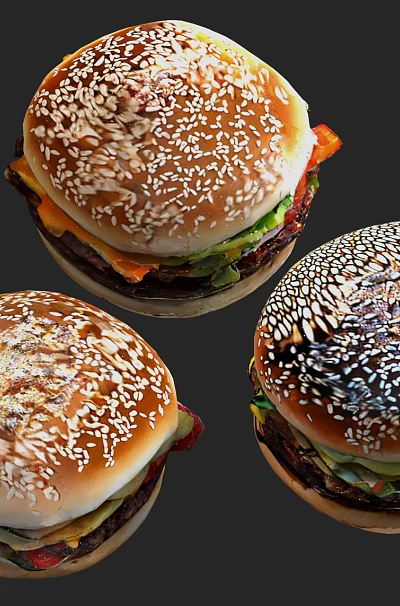 Three Delicious Hamburgers with Sesame Seed Buns Fresh Lettuce and Beef Patty 3d model