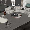 Modern Curved Beige Sofa and Coffee Table Set with Multiple Cushions Round Table and Rug 3d model