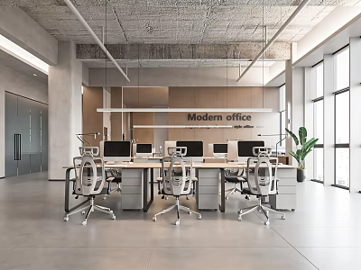 Modern Public Office Space With Desks Office Chairs Large Windows And Green Plants 3d model