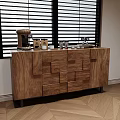 Modern Wooden Sideboard With Geometric Panel Design Coffee Machine And Cups On Top