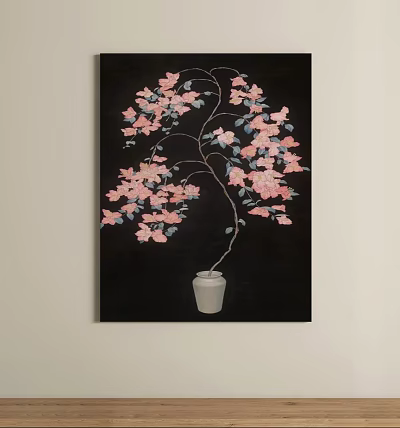Oil Painting of Pink Flowers in White Vase on Black Background 3d model