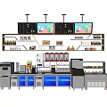 Commercial Equipment Setup With Menu Screens Shelves And Refrigerated Counter For Beverage Shop