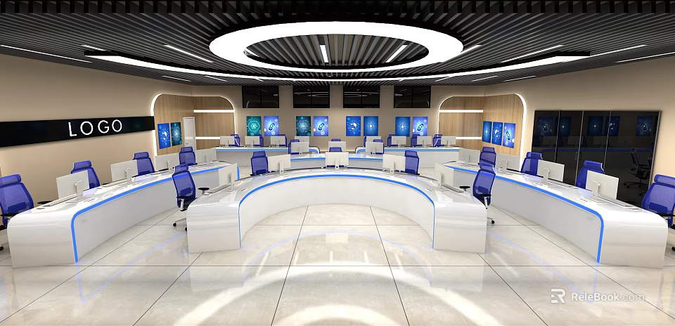 Modern Monitoring Room Interior With Curved Desks Blue Chairs And Screens 3d model 