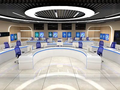 Modern Monitoring Room Interior With Curved Desks Blue Chairs And Screens 3d model