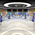 Modern Monitoring Room Interior With Curved Desks Blue Chairs And Screens