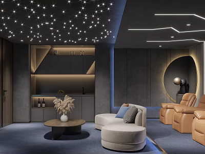 Modern Home Theater Room Interior With Starry Ceiling Gray Walls Curved Accent And Comfortable Seating 3d model