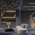 Modern Home Theater Room Interior With Starry Ceiling Gray Walls Curved Accent And Comfortable Seating