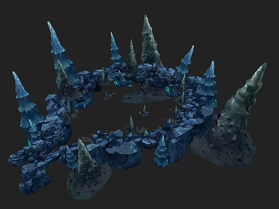 3D Fantasy Rock Structure Model With Circular Icicles And Blue Tones 3d model