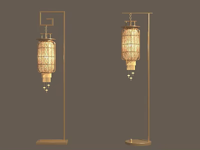 Chinese Style Floor Lamps With Golden Stands And Lantern Shaped Woven Shades For Home Interior 3d model