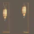 Chinese Style Floor Lamps With Golden Stands And Lantern Shaped Woven Shades For Home Interior