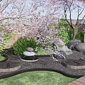 Karesansui Garden With Cherry Blossom Red Maple Trees Bamboo Fence Wooden Platform And Tea Set