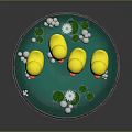 Cute Rubber Ducks Swimming in Wooden Tub with Green Water and White Flowers