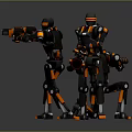 Three Black And Orange Robots With Mechanical Structure Holding Weapons Together
