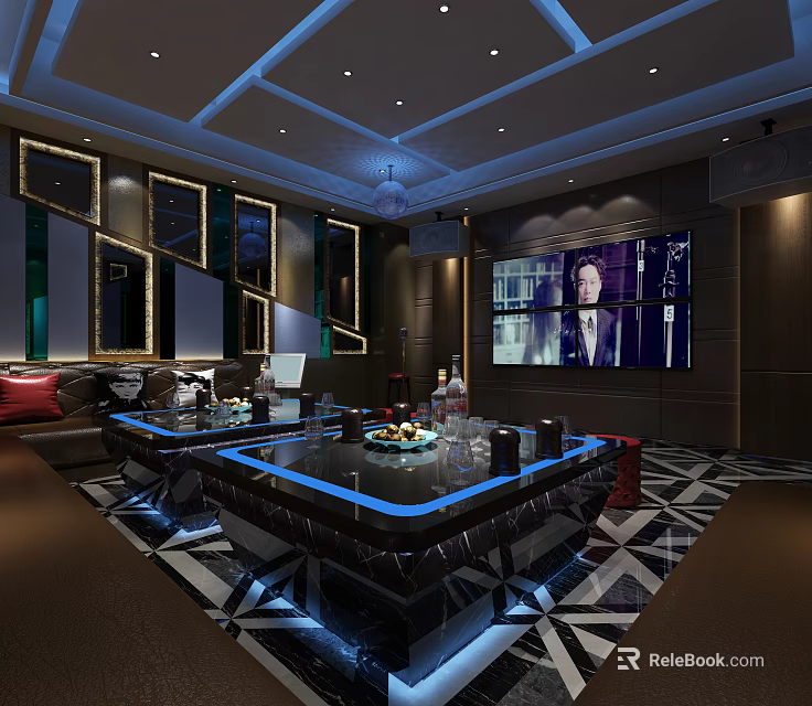 Modern KTV Interior With Luxurious Design Sofa Coffee Table Large Screen And Lighting 3d model