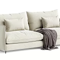 Modern Two Seater Sofa With Light Beige Upholstery Cushions And Throw Blanket