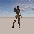 Woman In Futuristic Advanced Tech Armor Holding Gun Against Dark Background