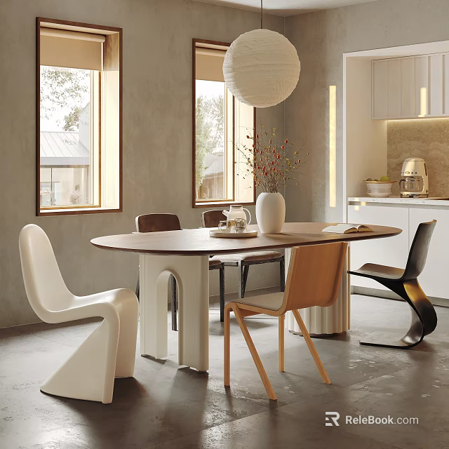 Modern Restaurant Interior Featuring Round Dining Table Mixed Chairs Vase Pendant Light Windows White Cabinets 3d model 