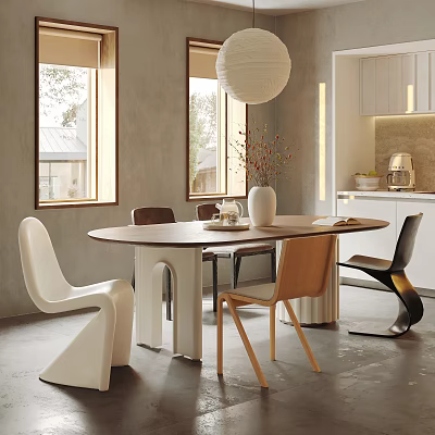 Modern Restaurant Interior Featuring Round Dining Table Mixed Chairs Vase Pendant Light Windows White Cabinets 3d model