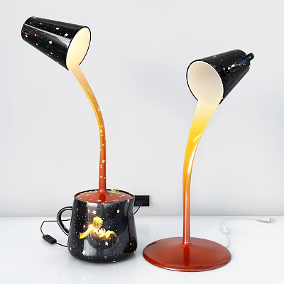 Unique Shaped Desk Lamps With Curved Poles Starry Mug Bases And Black Orange Hues 3d model