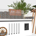 Traditional Chinese Garden Scenic Wall With Wooden Structure Brick Plants And Stone Tablet