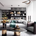 Modern Living Room Interior With Sofa Coffee Tables Floor Lamp And Bookshelves