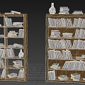 Wooden Bookcases with Multiple Shelves Filled with Books and Decorative Items Skull Vase Stacked Books