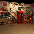 Urban Street Setting With Graffiti Covered Walls Red Telephone Booth And Bench
