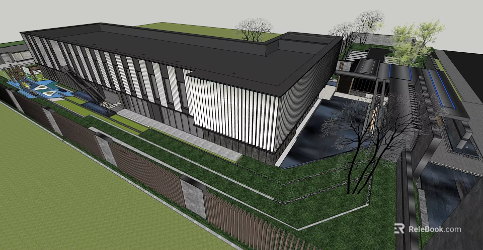 Modern Sales Office Building With Glass Curtain Wall Black White Facade And Greenery 3d model 