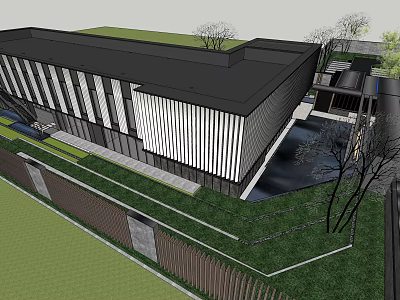 Modern Sales Office Building With Glass Curtain Wall Black White Facade And Greenery 3d model