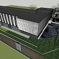 Modern Sales Office Building With Glass Curtain Wall Black White Facade And Greenery