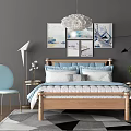 Modern Double Bed Setup With Framed Paintings Pendant Light And Bedside Tables 3d model