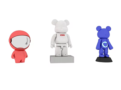 Collection of Red Astronaut Character and White Blue Bear Creature Figurines with Logos 3d model