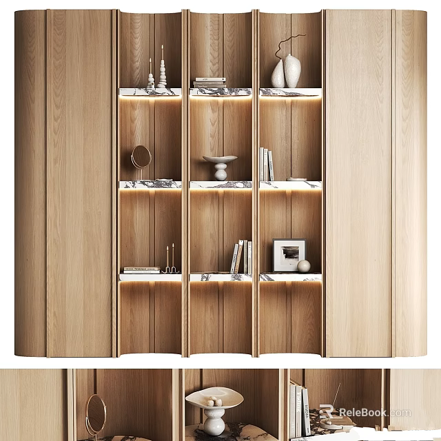 Modern Wooden Storage Shelf With Layered Design Built In Lighting And Decorative Items 3d model 