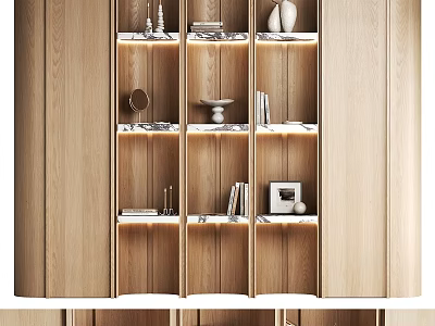 Modern Wooden Storage Shelf With Layered Design Built In Lighting And Decorative Items 3d model