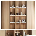 Modern Wooden Storage Shelf With Layered Design Built In Lighting And Decorative Items