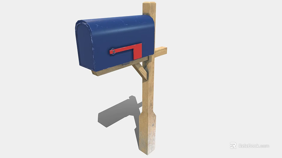 Blue Mailbox With Red Door Mounted On Wooden Post For Home Exterior 3d model 