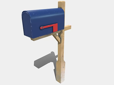 Blue Mailbox With Red Door Mounted On Wooden Post For Home Exterior 3d model