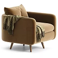 Brown Single Sofa with Cushion and Patterned Throw Blanket on Wooden Legs 3d model