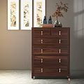 Elegant Dark Wooden Chest of Drawers With Metal Handles Decorative Items And Wall Paintings