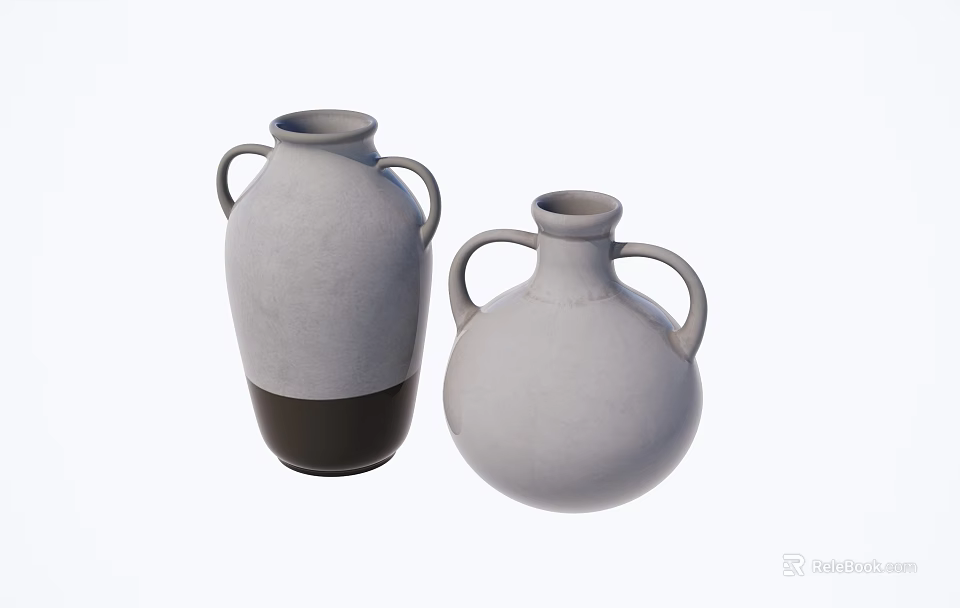 Two Ceramic Vases With Handles In Gray And Black Minimalist Design 3d model 