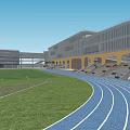 Modern School Building With Running Track Green Lawn And Students Activities