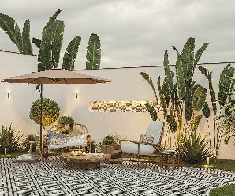 Modern Outdoor Sofa With Umbrella Coffee Table And Lush Palm Plants In Patio Area 3d model 