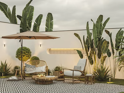Modern Outdoor Sofa With Umbrella Coffee Table And Lush Palm Plants In Patio Area 3d model